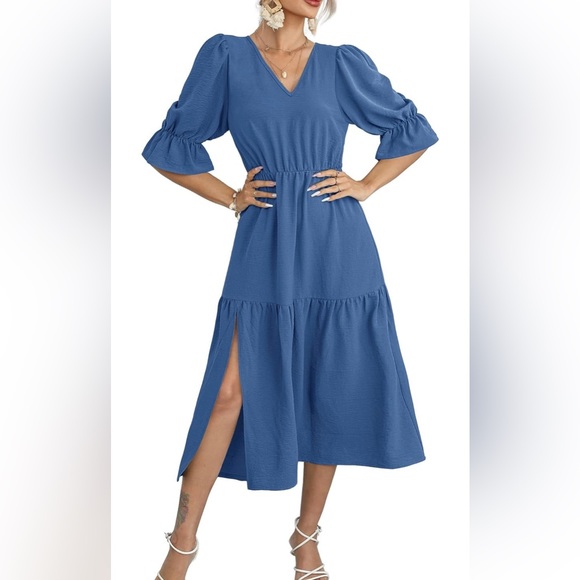 None Dresses & Skirts - V Neck 3/4 Puff Sleeve Smocked Long Ruffle Midi Dress